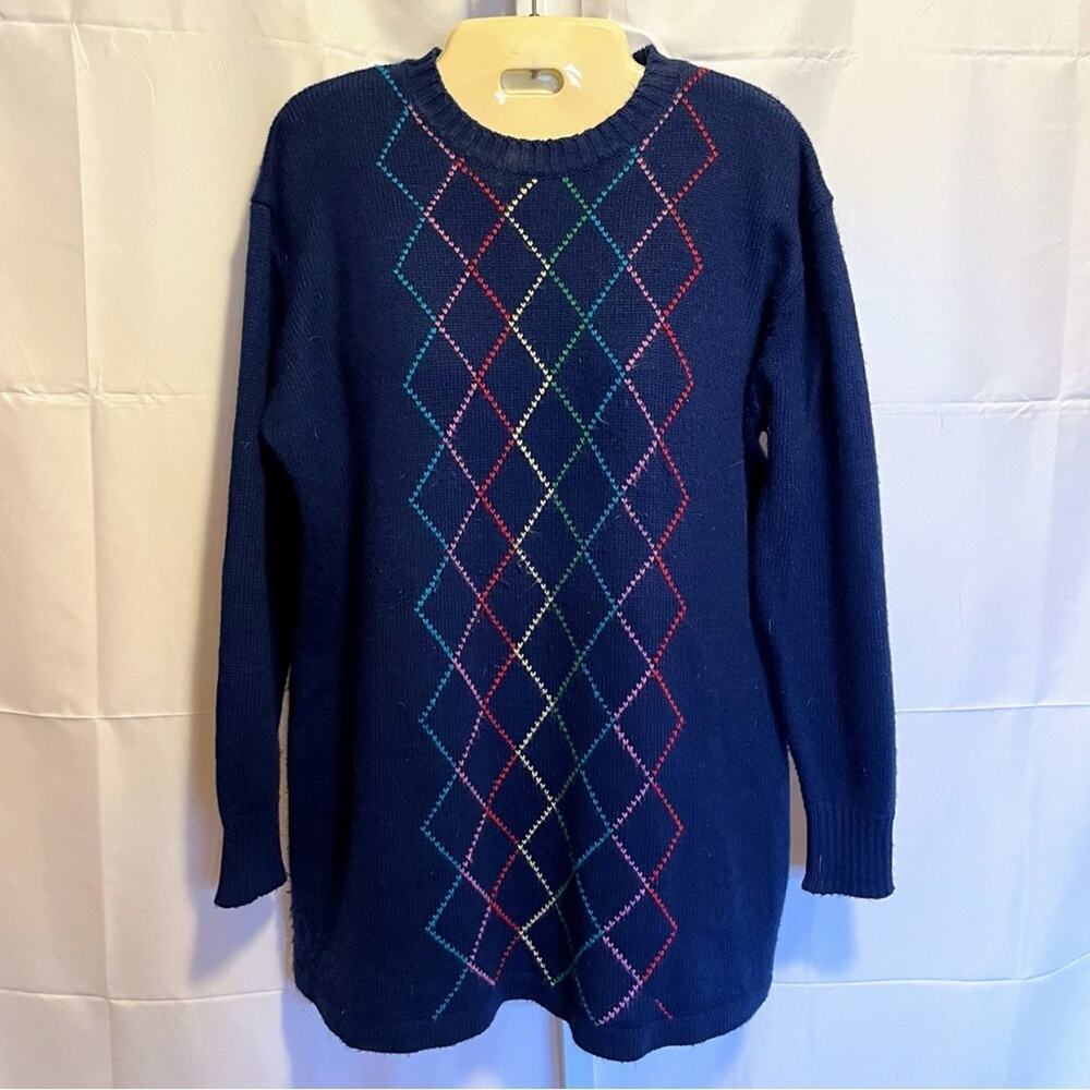 VTG Mary Jane by Corey Heart Argyle Navy Sweater Women’s M Rainbow Colorful‎